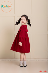 Váy bé gái dài tay Nhung phối lưới ren vuông cài nơ A0282