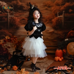 Váy BG halloween đen đính đá phối lưới trắng A1103