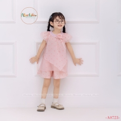 Sét đồ cộc tay cách điệu đính nơ bé gái A0823