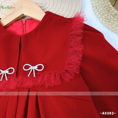 Váy bé gái dài tay Nhung phối lưới ren vuông cài nơ A0282