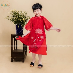 Áo dài thêu hoa sen 2 màu sắc đỏ vàng AD02