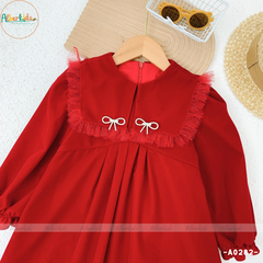 Váy bé gái dài tay Nhung phối lưới ren vuông cài nơ A0282
