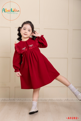 Váy bé gái dài tay Nhung phối lưới ren vuông cài nơ A0282