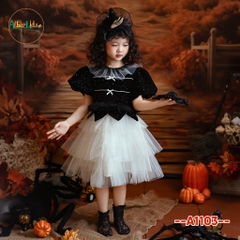 Váy BG halloween đen đính đá phối lưới trắng A1103