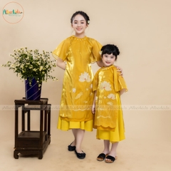 Áo dài thêu hoa sen 2 màu sắc đỏ vàng AD02