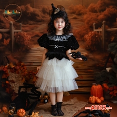 Váy BG halloween đen đính đá phối lưới trắng A1103