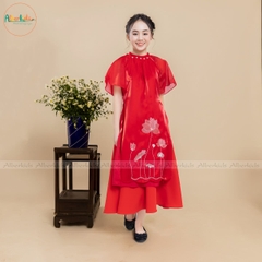 Áo dài thêu hoa sen 2 màu sắc đỏ vàng AD02