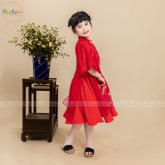 Áo dài thêu hoa sen 2 màu sắc đỏ vàng AD02