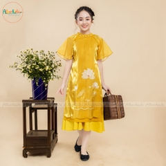Áo dài thêu hoa sen 2 màu sắc đỏ vàng AD02