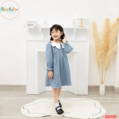 Váy bé gái tay dài xanh phối cổ trắng AG0102