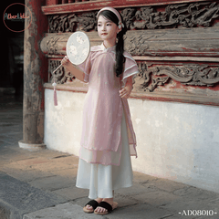 Áo dài bé gái Nghinh Xuân Hồng in nơ AD0810