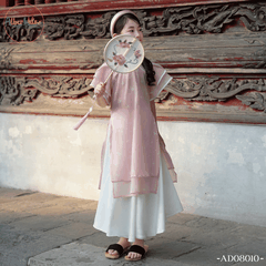 Áo dài bé gái Nghinh Xuân Hồng in nơ AD0810