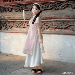 Áo dài bé gái Nghinh Xuân Hồng in nơ AD0810