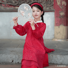 Áo dài bé gái Uyển Hoa đỏ rập nổi AD0811