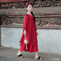 Áo dài bé gái Uyển Hoa đỏ rập nổi AD0811