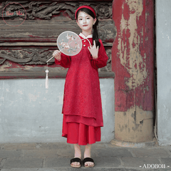 Áo dài bé gái Uyển Hoa đỏ rập nổi AD0811