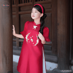 Áo dài bé gái Linh Lan Đỏ đính hoa ngọc AD0804