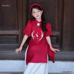 Áo dài bé gái Linh Lan Đỏ đính hoa ngọc AD0804