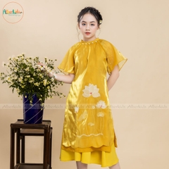 Áo dài thêu hoa sen 2 màu sắc đỏ vàng AD02