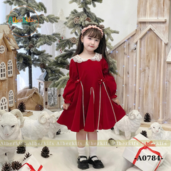 Váy bé gái dài tay đỏ nhung cổ sen phối ren A0784