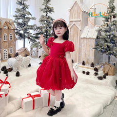 Váy bé gái đính ngọc nơ đỏ A0791