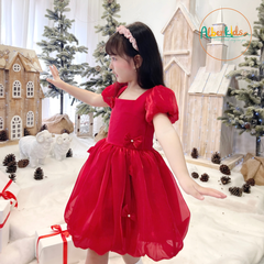 Váy bé gái đính ngọc nơ đỏ A0791