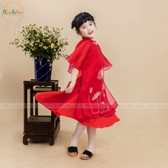 Áo dài thêu hoa sen 2 màu sắc đỏ vàng AD02
