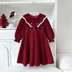 Váy BG nhung đỏ ren cổ đính ngọc  A1114