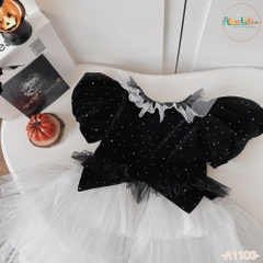 Váy BG halloween đen đính đá phối lưới trắng A1103