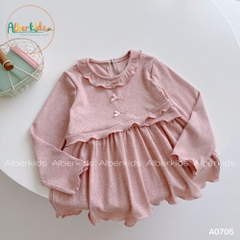 Bộ đồ bé gái dài tay hồng đính nơ  A0705