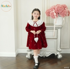 Váy BG nhung đính đá nơ lấp lánh cổ ren A1113