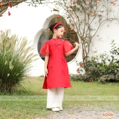 Áo dài bé gái ĐỎ tay cánh tiên đính nơ ngọc AD06