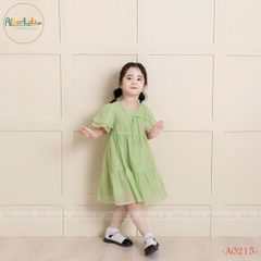 Váy bé gái xanh phối nơ  3 tầng A0215
