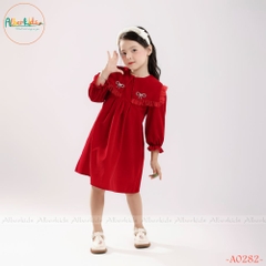 Váy bé gái dài tay Nhung phối lưới ren vuông cài nơ A0282