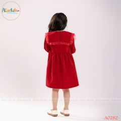 Váy bé gái dài tay Nhung phối lưới ren vuông cài nơ A0282