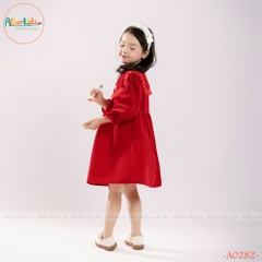 Váy bé gái dài tay Nhung phối lưới ren vuông cài nơ A0282