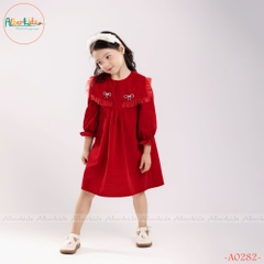 Váy bé gái dài tay Nhung phối lưới ren vuông cài nơ A0282