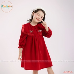 Váy bé gái dài tay Nhung phối lưới ren vuông cài nơ A0282