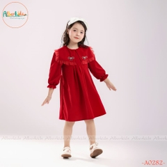 Váy bé gái dài tay Nhung phối lưới ren vuông cài nơ A0282