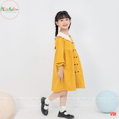 Váy bé gái dài tay vàng phối cổ be V91