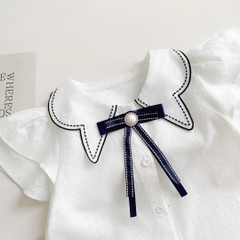 Áo sơ mi trắng cổ sen thêu kèm nơ ngọc A0903