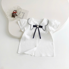 Áo sơ mi trắng cổ sen thêu kèm nơ ngọc A0903