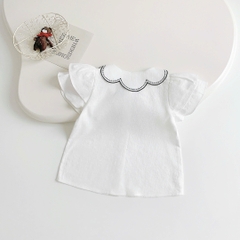 Áo sơ mi trắng cổ sen thêu kèm nơ ngọc A0903