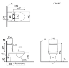 Bàn Cầu Hai Khối CAESAR-CD1530