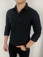 Áo Sơ Mi Dài Tay 2 Túi Hộp Màu Đen