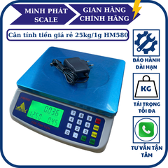 Cân điện tử 25kg/1g tính tiền HM580. Mâm cân INOX -  Kèm sạc. Thương hiệu CÂN HOÀNG MINH PHÁT. Phím tiếng việt