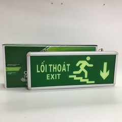 Đèn exit chỉ dẫn thoát hiểm đi xuống cầu thang bên phải