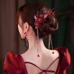 Cài tóc cô dâu hoa vải đỏ đính pha lê kèm bông tai mẫu t12/2023 SP2224865   giangpkc-phu-kien-thoi-trang