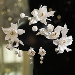 Cài tóc cô dâu bộ 3 hoa trắng kèm bông tai mẫu mới t3/2023 SP2222612  giangpkc-phu-kien-thoi-trang