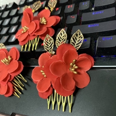 Xược nhỏ cài tóc cô dâu bộ ba xược cài hoa đỏ lá đồng cài tóc GiangPKC